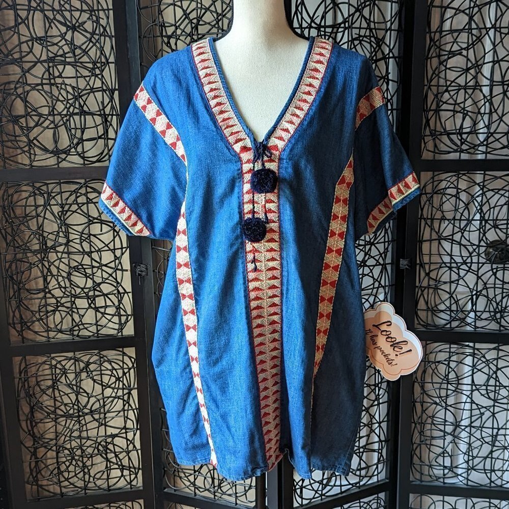 Zara Blue Embroidered V-Neck Tunic with Red-White Trim